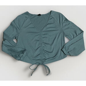 Shein Women's Plus 1XL Blue/green Ribbed Ruched Drawstring Crop Top Long Sleeve